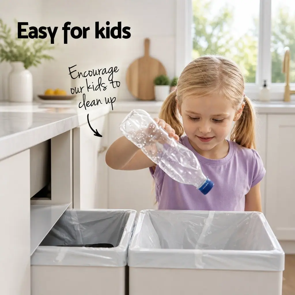 Under Bench Waste Organizer Dual Compartment Pull Out Bin 2x20L White Steel ABS Polypropylene