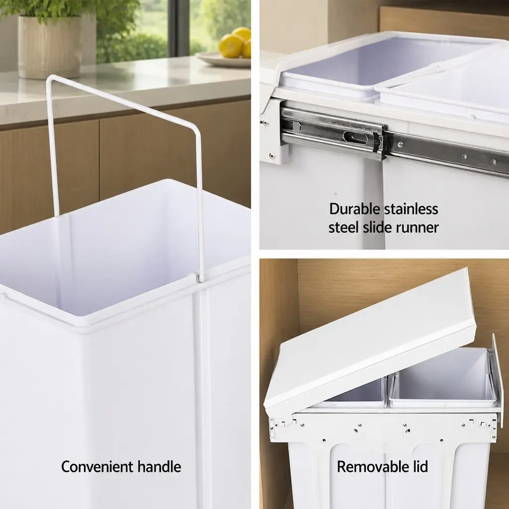Under Bench Waste Organizer Dual Compartment Pull Out Bin 2x20L White Steel ABS Polypropylene