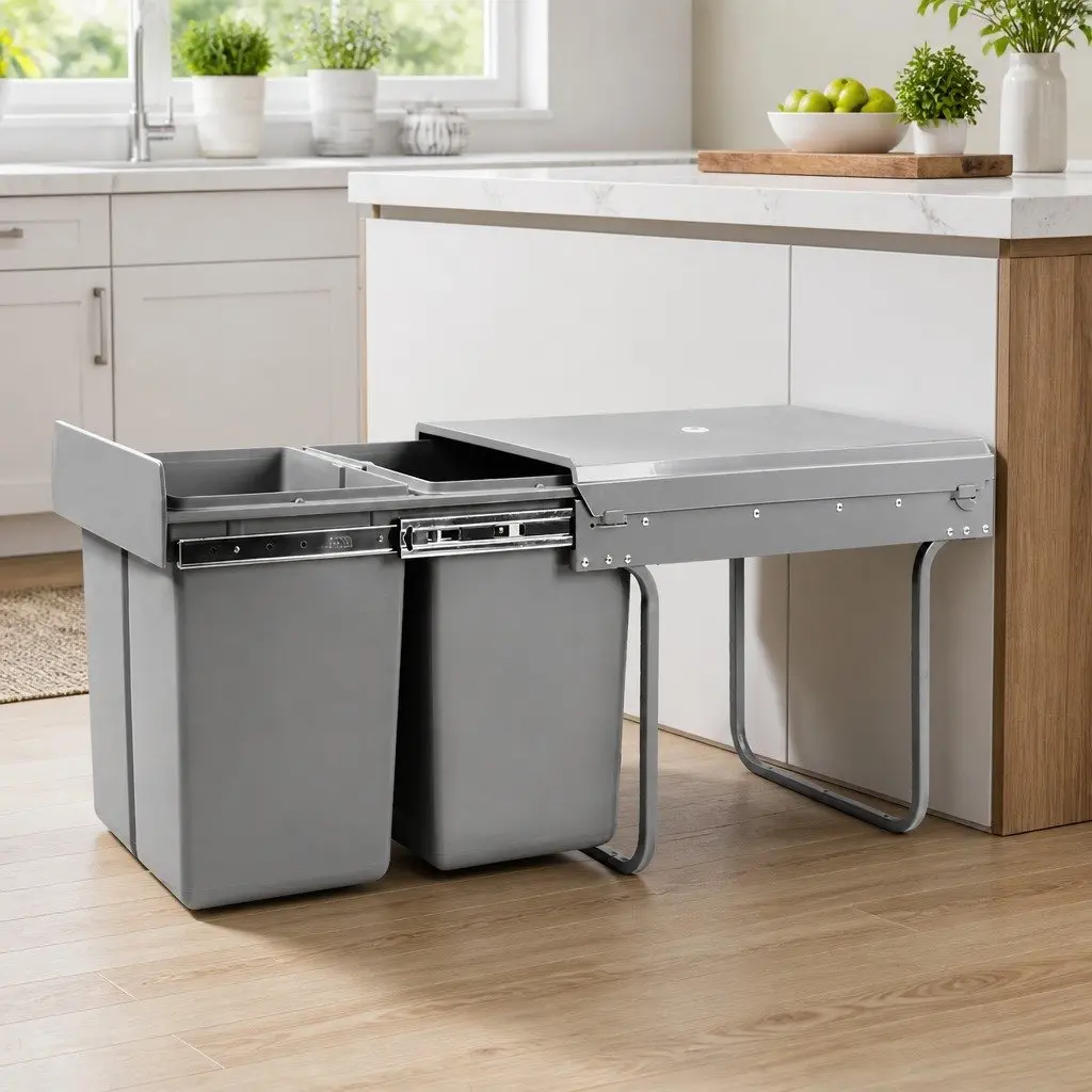 Pull Out Bin Kitchen Double Basket 2 Compartment 40L Grey