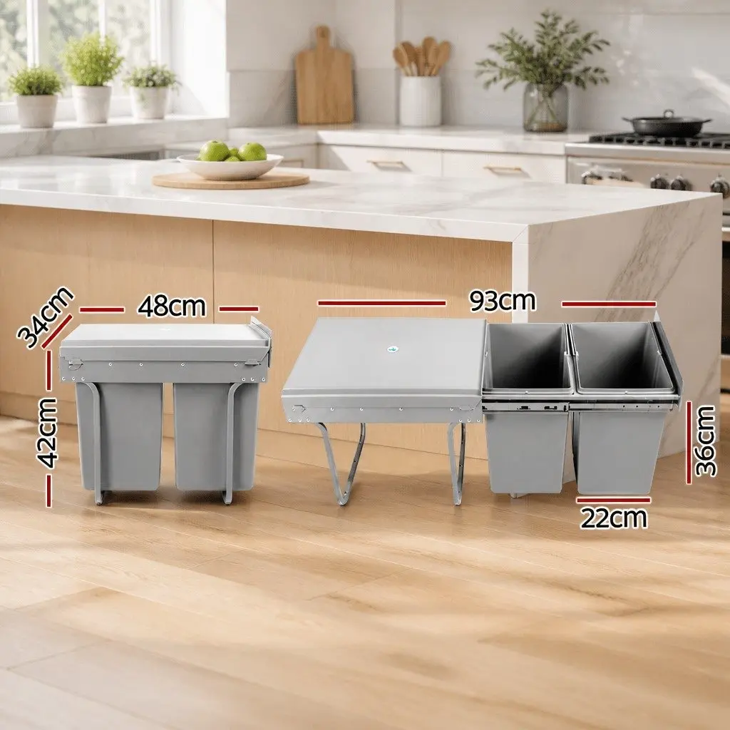 Pull Out Bin Kitchen Double Basket 2 Compartment 40L Grey