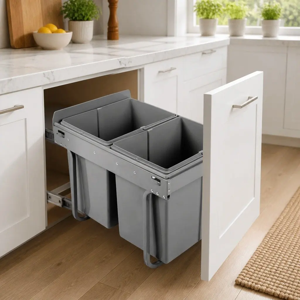 Pull Out Bin Kitchen Double Basket 2 Compartment 40L Grey