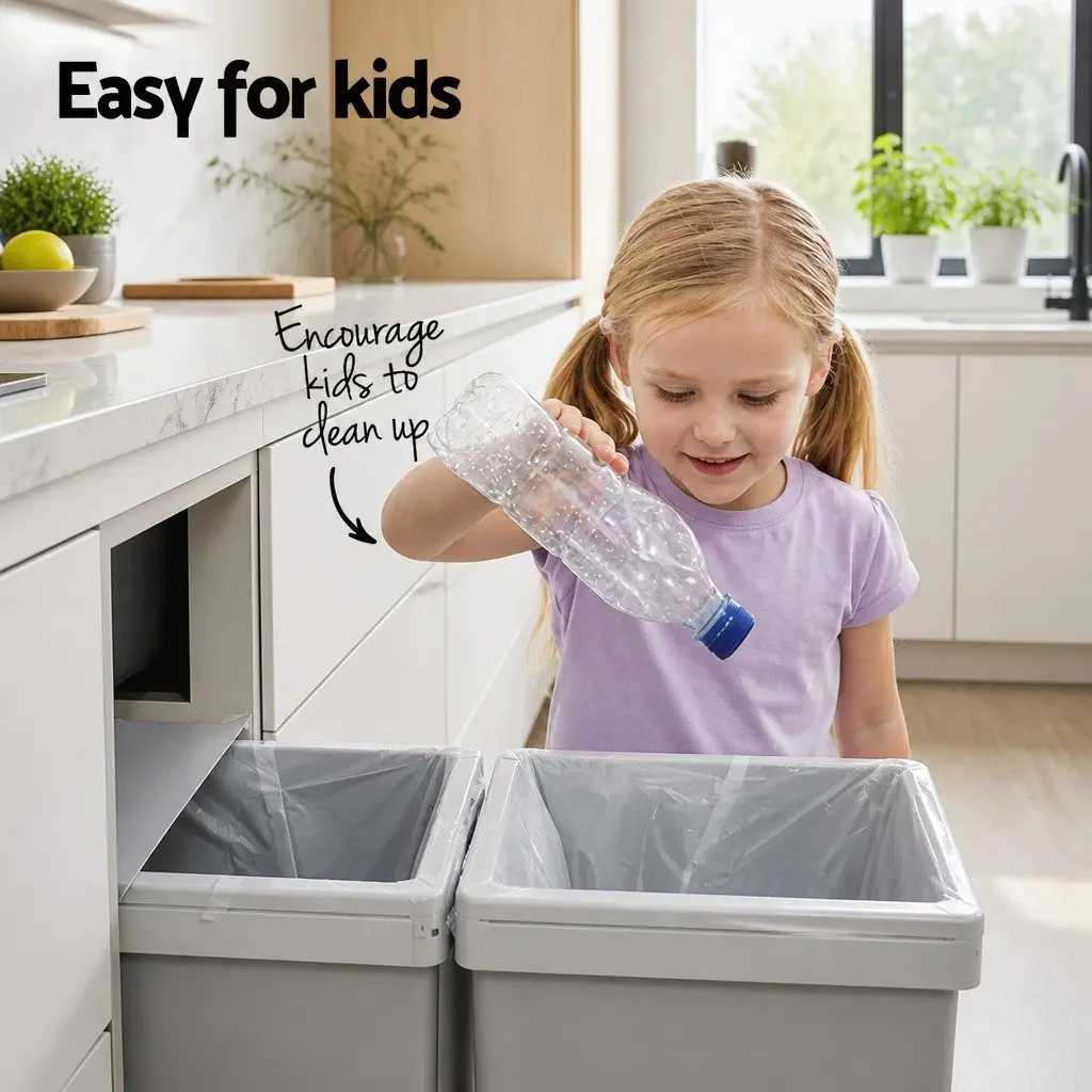 Pull Out Bin Kitchen Double Basket 2 Compartment 40L Grey