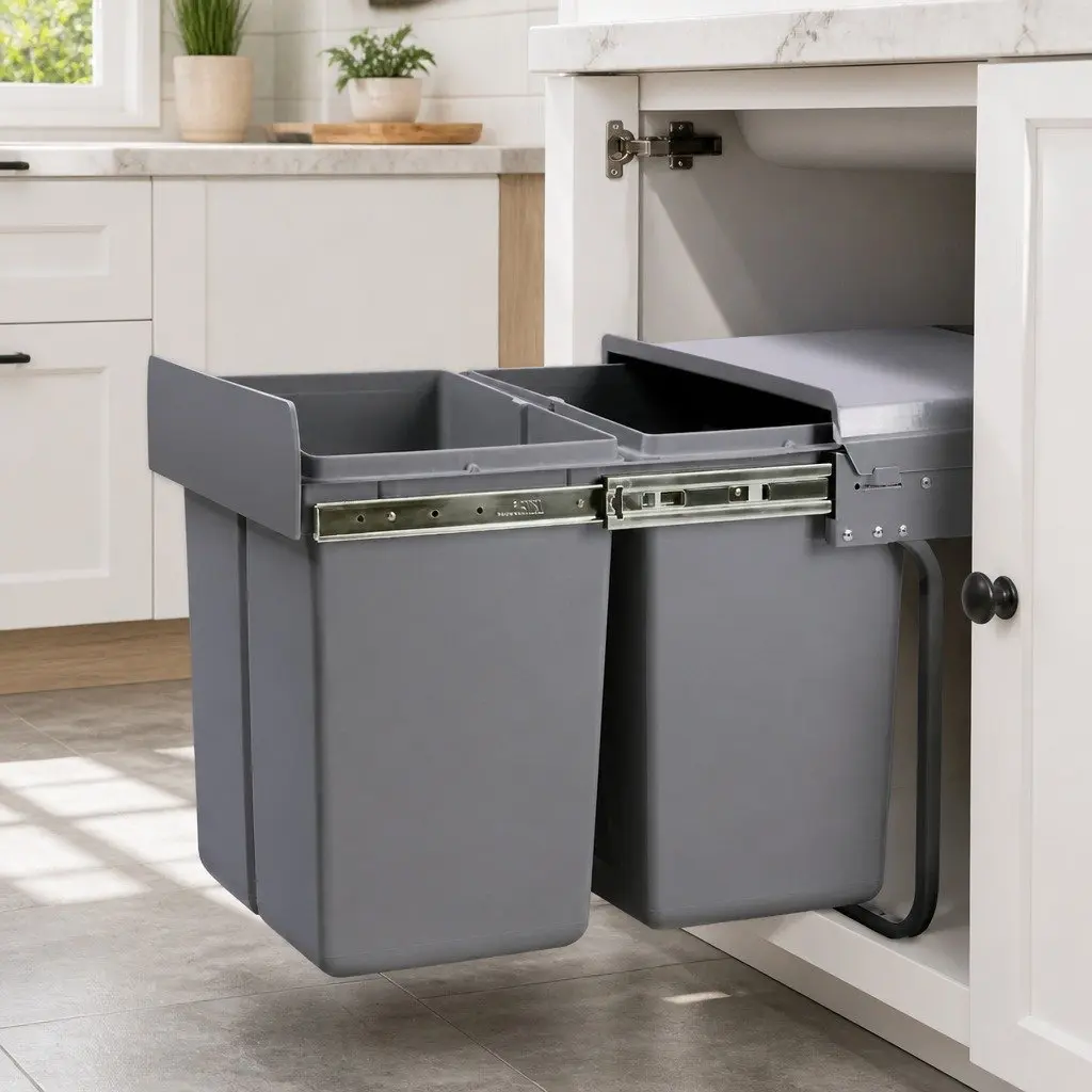 Pull Out Bin Kitchen Double Basket 2 Compartment 40L Grey