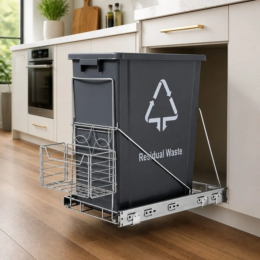 Pull Out Bin Kitchen Cabinet Slide Garbage Waste Basket 40L Black