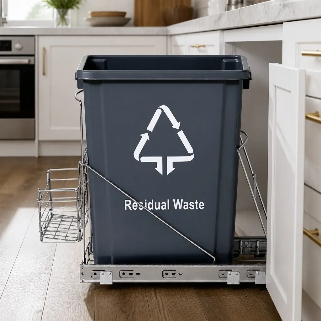 Pull Out Bin Kitchen Cabinet Slide Garbage Waste Basket 40L Black