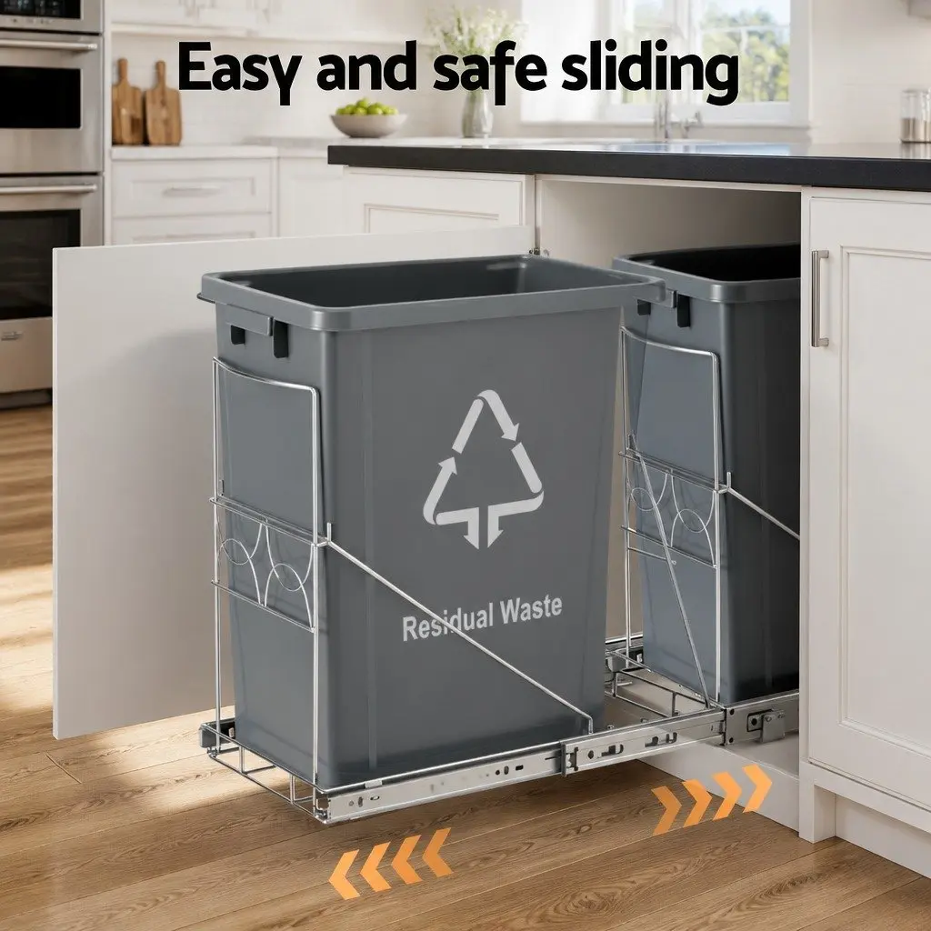 Pull Out Bin Kitchen Cabinet Slide Garbage Waste Basket 40L Black