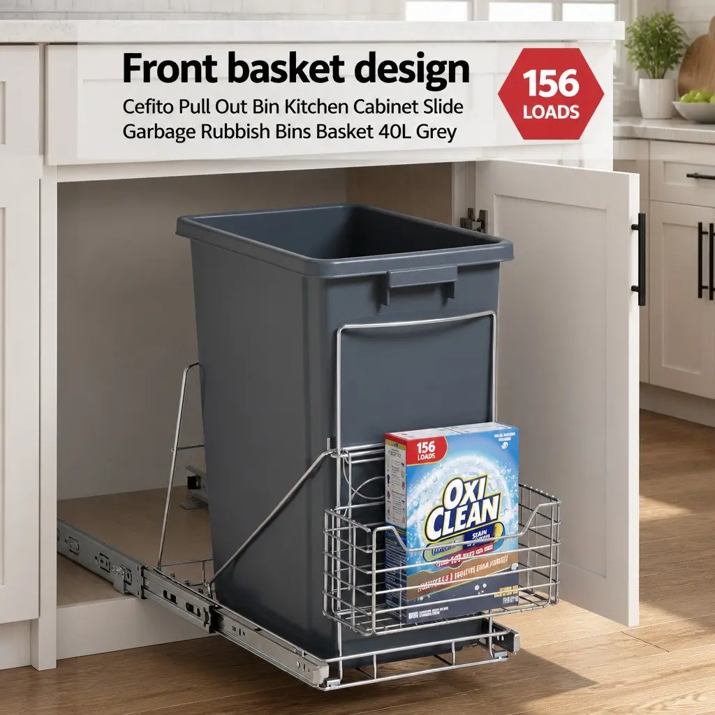 Pull Out Bin Kitchen Cabinet Slide Garbage Waste Basket 40L Black