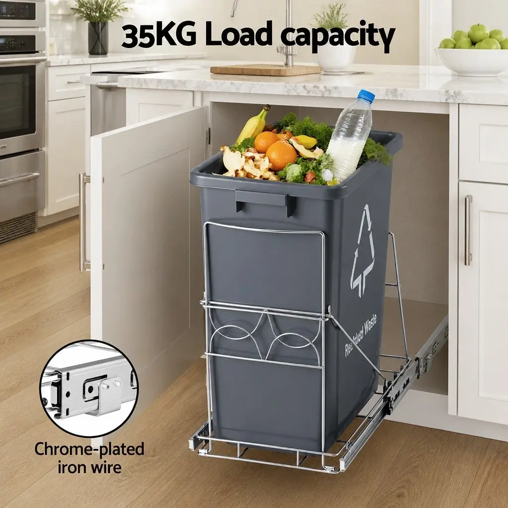 Pull Out Bin Kitchen Cabinet Slide Garbage Waste Basket 40L Black