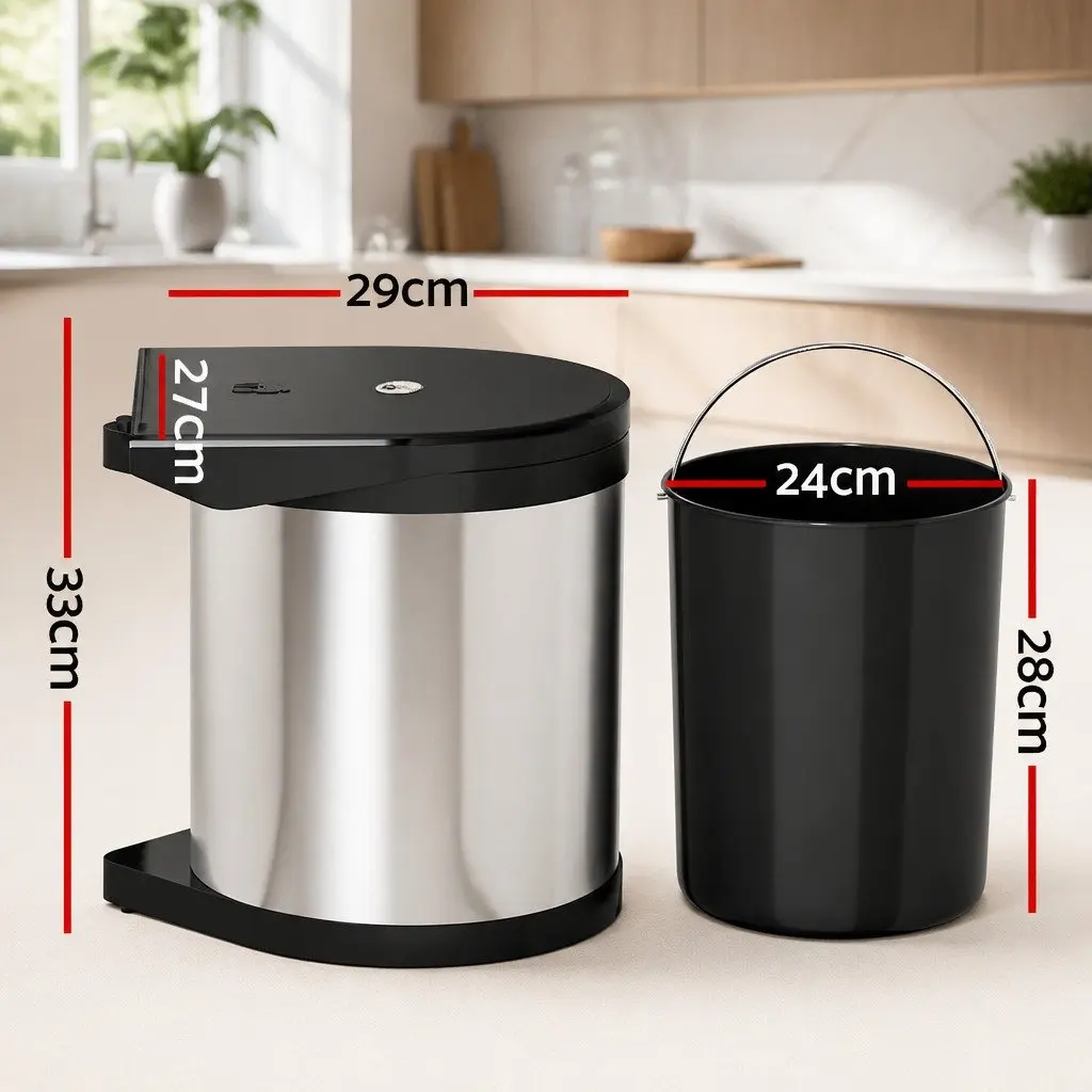 Pull Out Kitchen Bin Stainless Steel 12L Silver Cabinet Waste Dustbin Trash Can