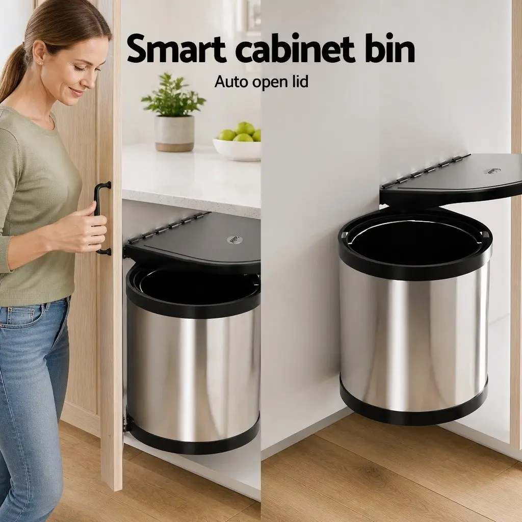 Pull Out Kitchen Bin Stainless Steel 12L Silver Cabinet Waste Dustbin Trash Can