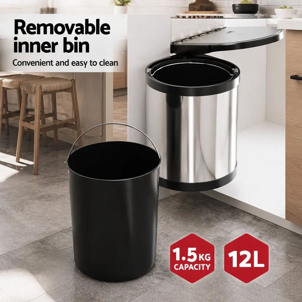 Pull Out Kitchen Bin Stainless Steel 12L Silver Cabinet Waste Dustbin Trash Can