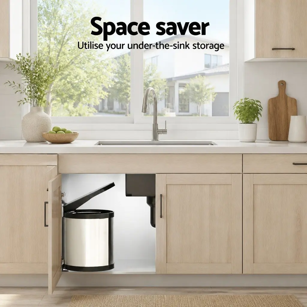 Pull Out Kitchen Bin Stainless Steel 12L Silver Cabinet Waste Dustbin Trash Can