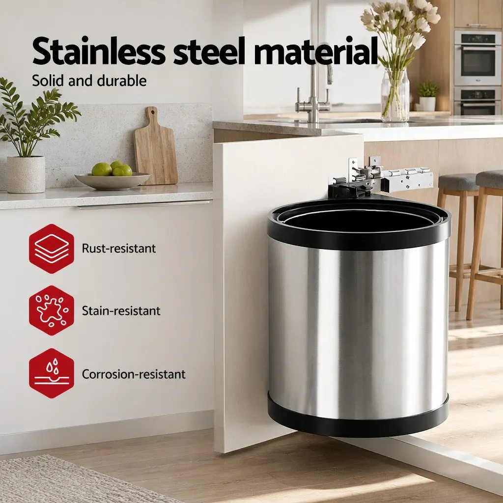 Pull Out Kitchen Bin Stainless Steel 12L Silver Cabinet Waste Dustbin Trash Can