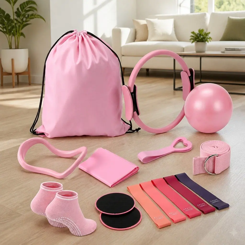 Pilates Ring Set 15 Piece Home Workout Kit with Yoga Ball Resistance Bands Pink Purple