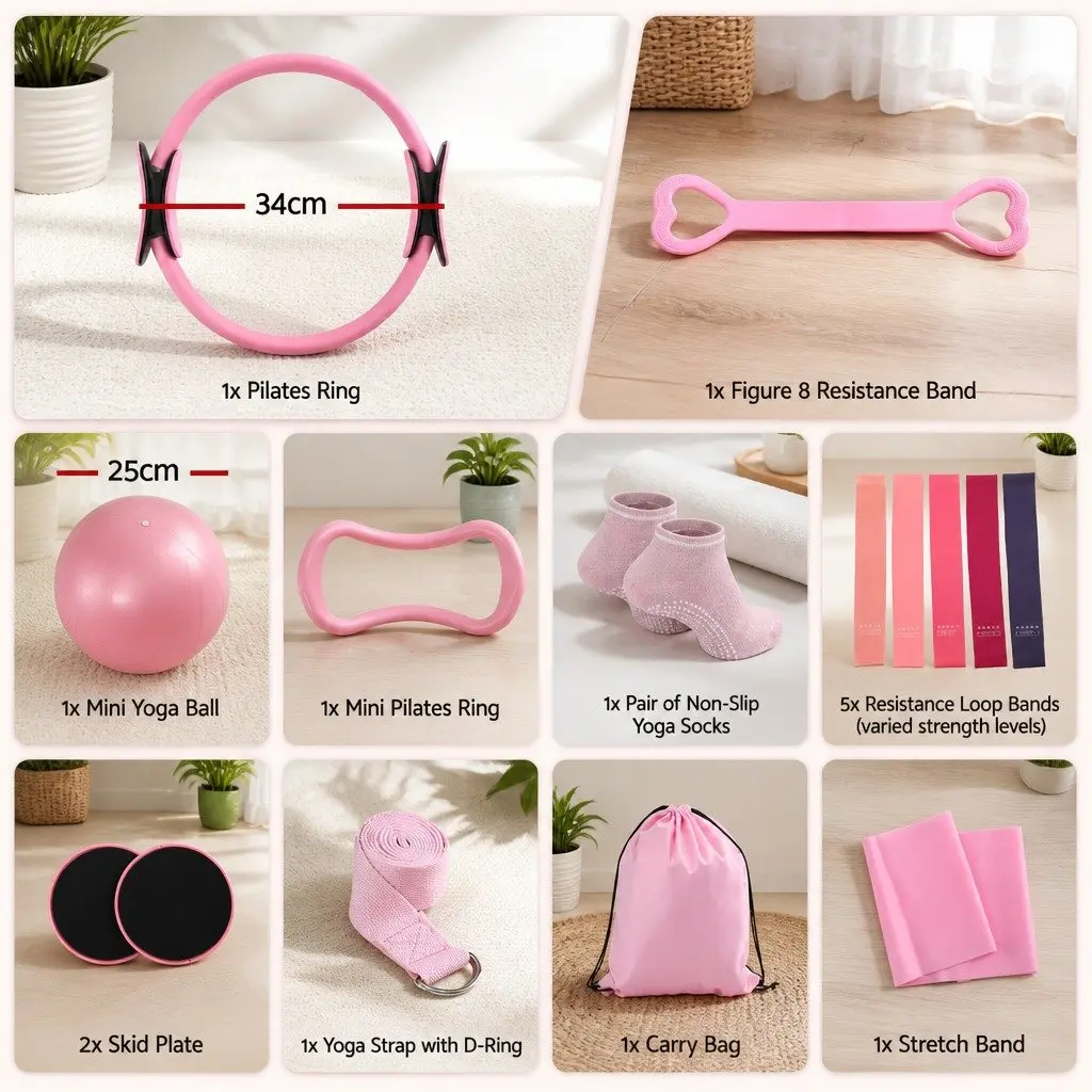 Pilates Ring Set 15 Piece Home Workout Kit with Yoga Ball Resistance Bands Pink Purple