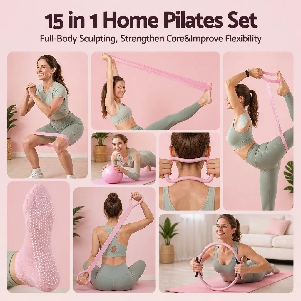 Pilates Ring Set 15 Piece Home Workout Kit with Yoga Ball Resistance Bands Pink Purple