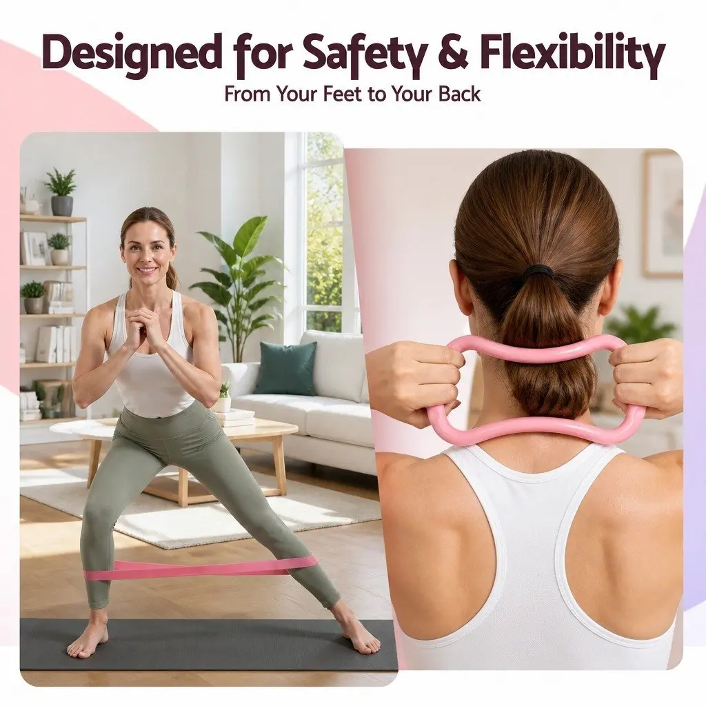 Pilates Ring Set 15 Piece Home Workout Kit with Yoga Ball Resistance Bands Pink Purple