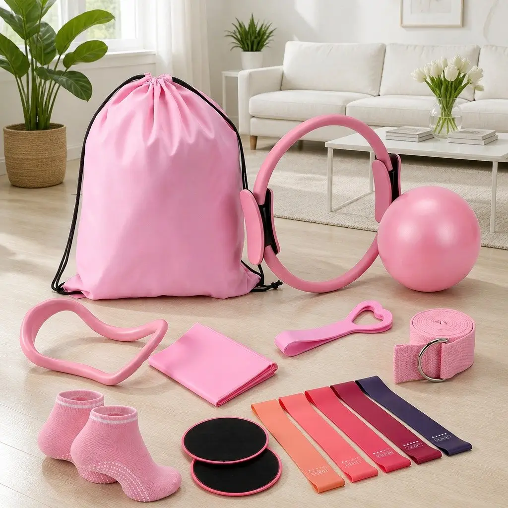 Pilates Ring Set 15 Piece Home Workout Kit with Yoga Ball Resistance Bands Pink Purple