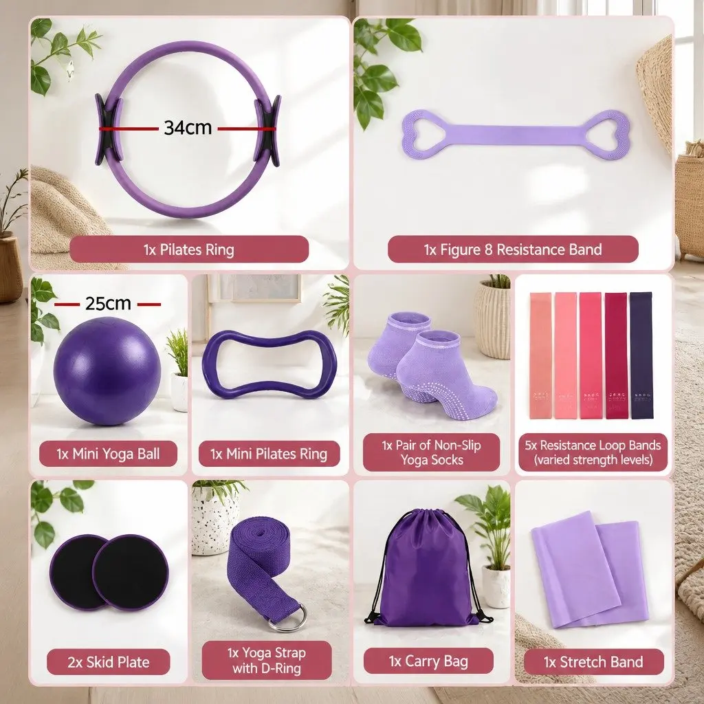 Pilates Ring Set 34cm PP Mini Yoga Ball 25cm PVC Resistance Bands TPE 15 Piece Purple Home Workout Equipment