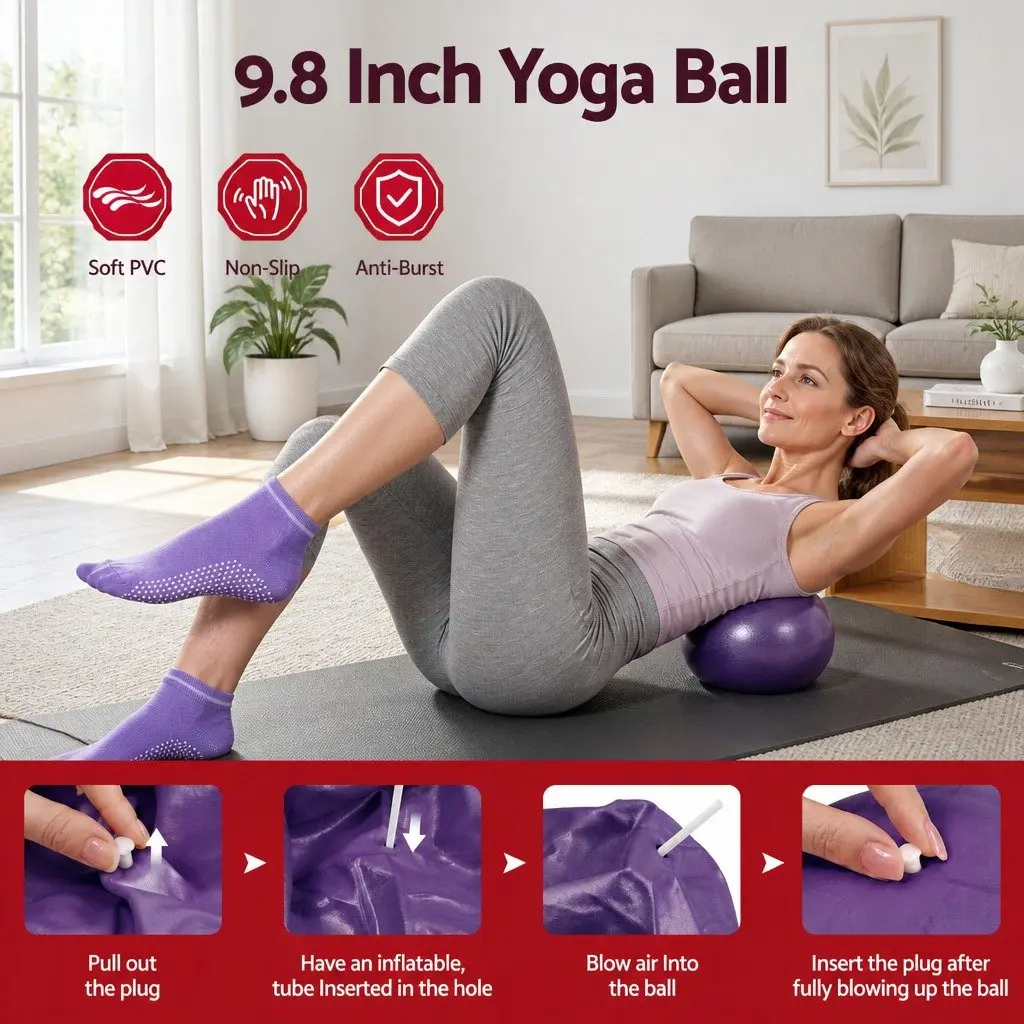 Pilates Ring Set 34cm PP Mini Yoga Ball 25cm PVC Resistance Bands TPE 15 Piece Purple Home Workout Equipment