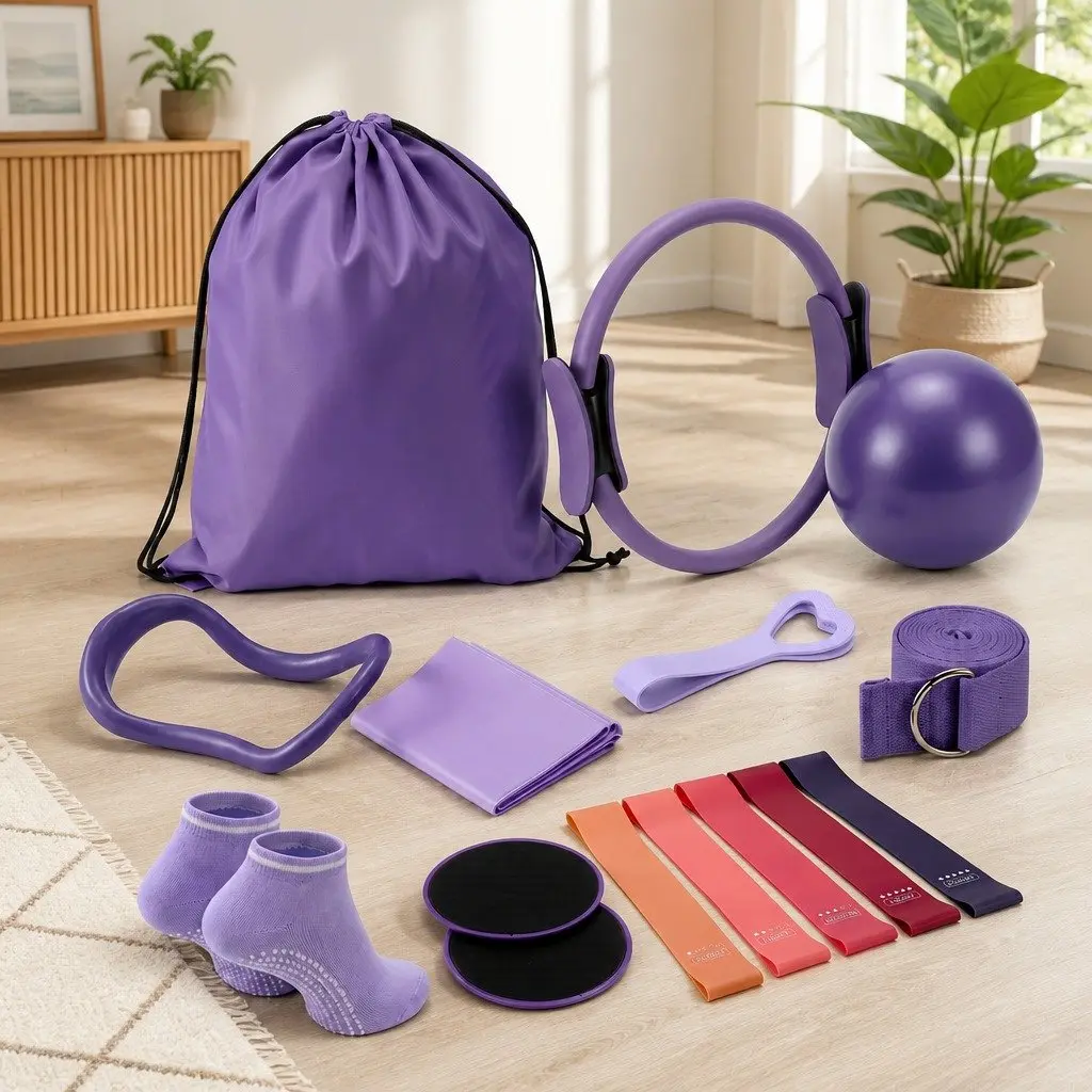 Pilates Ring Set 34cm PP Mini Yoga Ball 25cm PVC Resistance Bands TPE 15 Piece Purple Home Workout Equipment