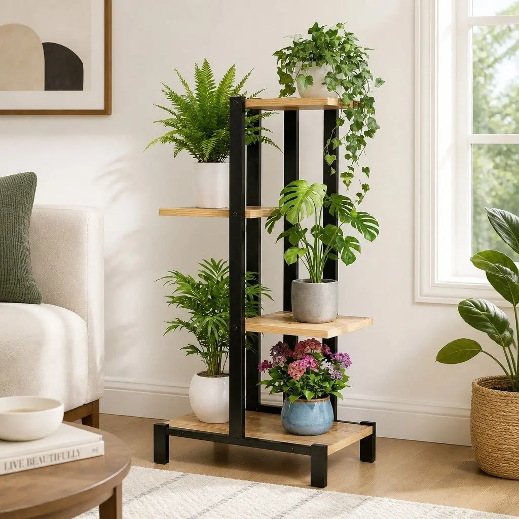 4-Tier Plant Stand Metal Frame Zigzag Shelving Black and Oak Indoor Outdoor Garden Display