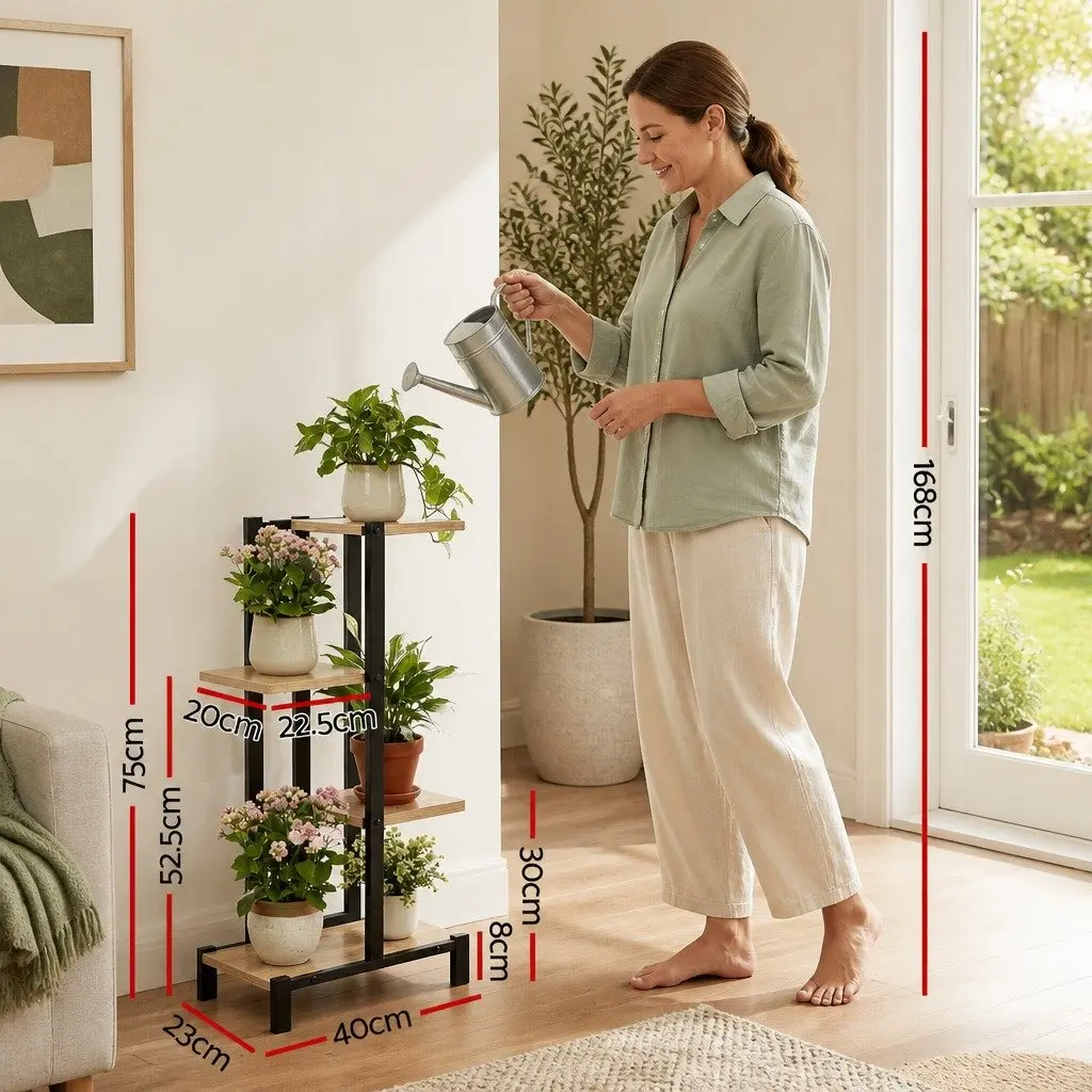 4-Tier Plant Stand Metal Frame Zigzag Shelving Black and Oak Indoor Outdoor Garden Display