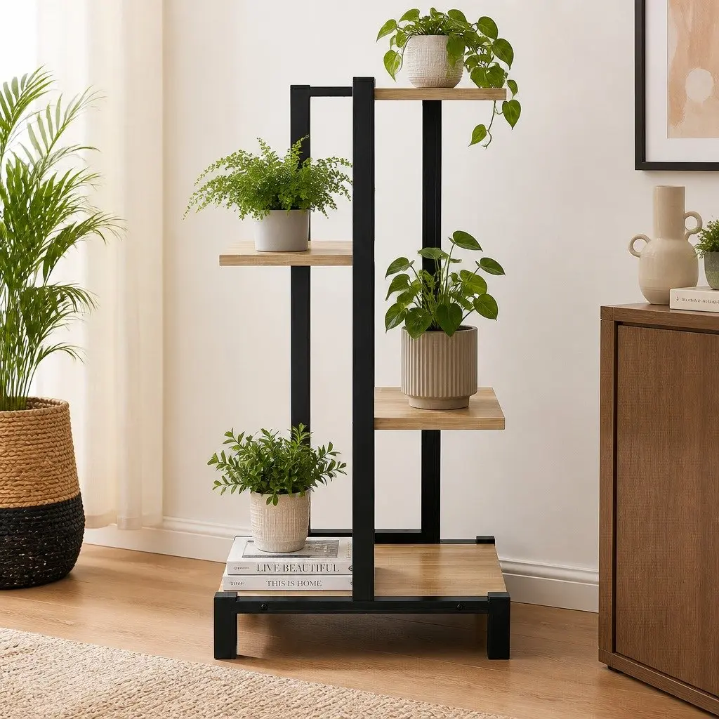 4-Tier Plant Stand Metal Frame Zigzag Shelving Black and Oak Indoor Outdoor Garden Display