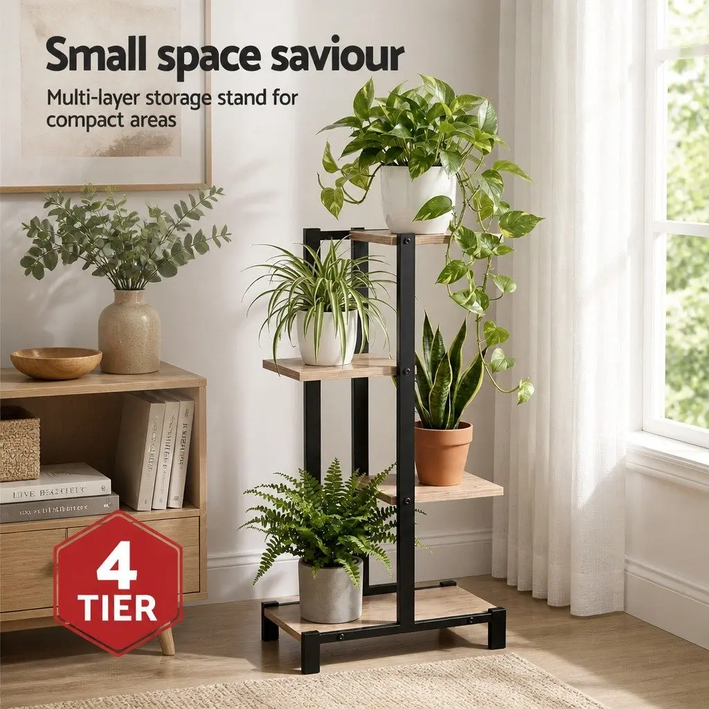 4-Tier Plant Stand Metal Frame Zigzag Shelving Black and Oak Indoor Outdoor Garden Display