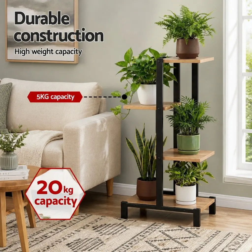 4-Tier Plant Stand Metal Frame Zigzag Shelving Black and Oak Indoor Outdoor Garden Display