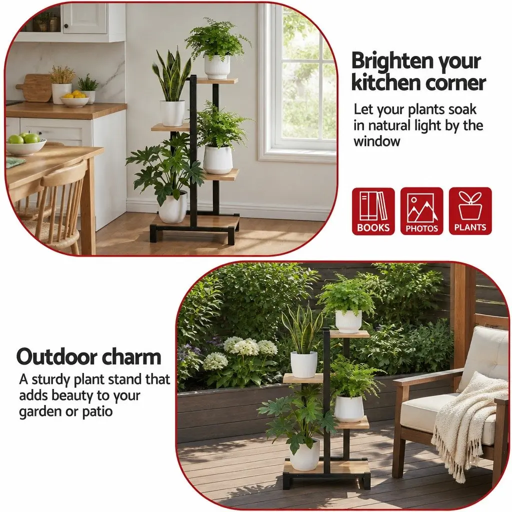 4-Tier Plant Stand Metal Frame Zigzag Shelving Black and Oak Indoor Outdoor Garden Display
