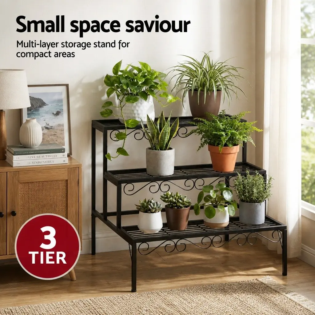 3 Tier Metal Plant Stand Indoor Outdoor Black Silver