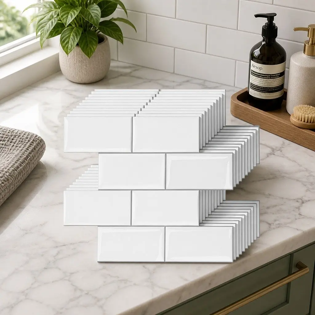 Peel and Stick Subway Tile Backsplash 3D Textured Vinyl 32 x 27 cm White 10 Piece