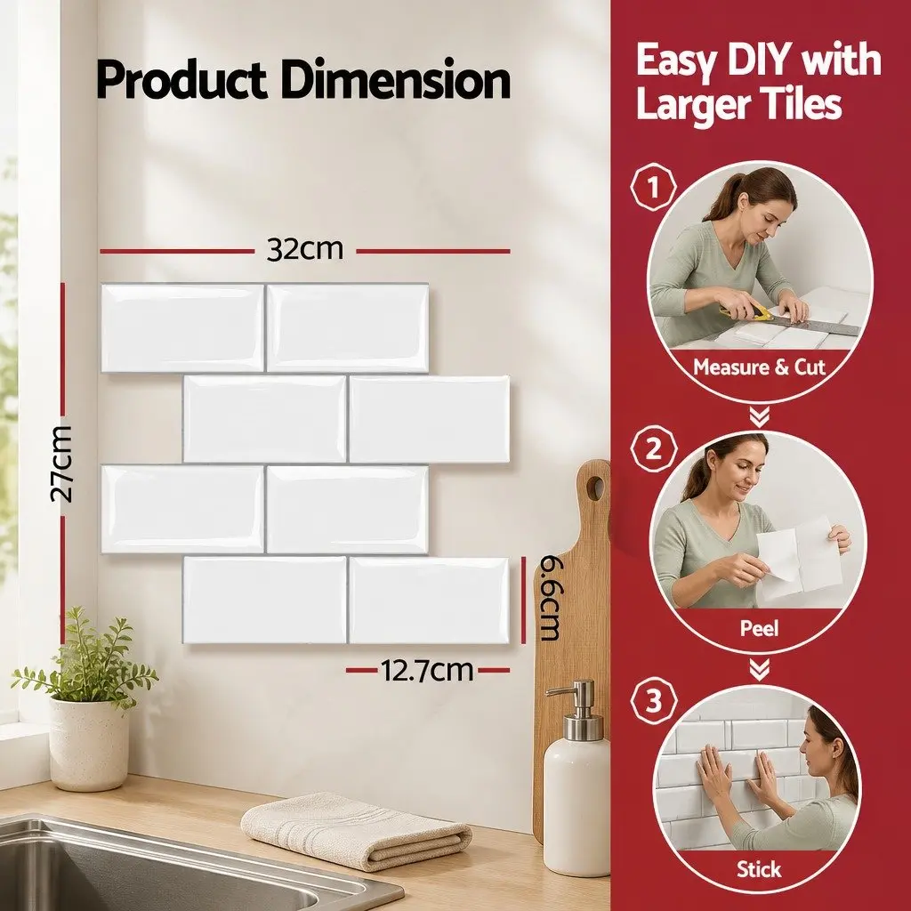 Peel and Stick Subway Tile Backsplash 3D Textured Vinyl 32 x 27 cm White 10 Piece