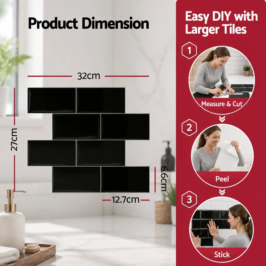 3D Peel and Stick Subway Tiles Vinyl 32 x 27 cm Black 10 Sheets