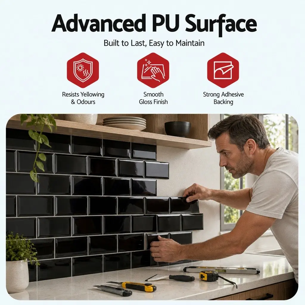 3D Peel and Stick Subway Tiles Vinyl 32 x 27 cm Black 10 Sheets