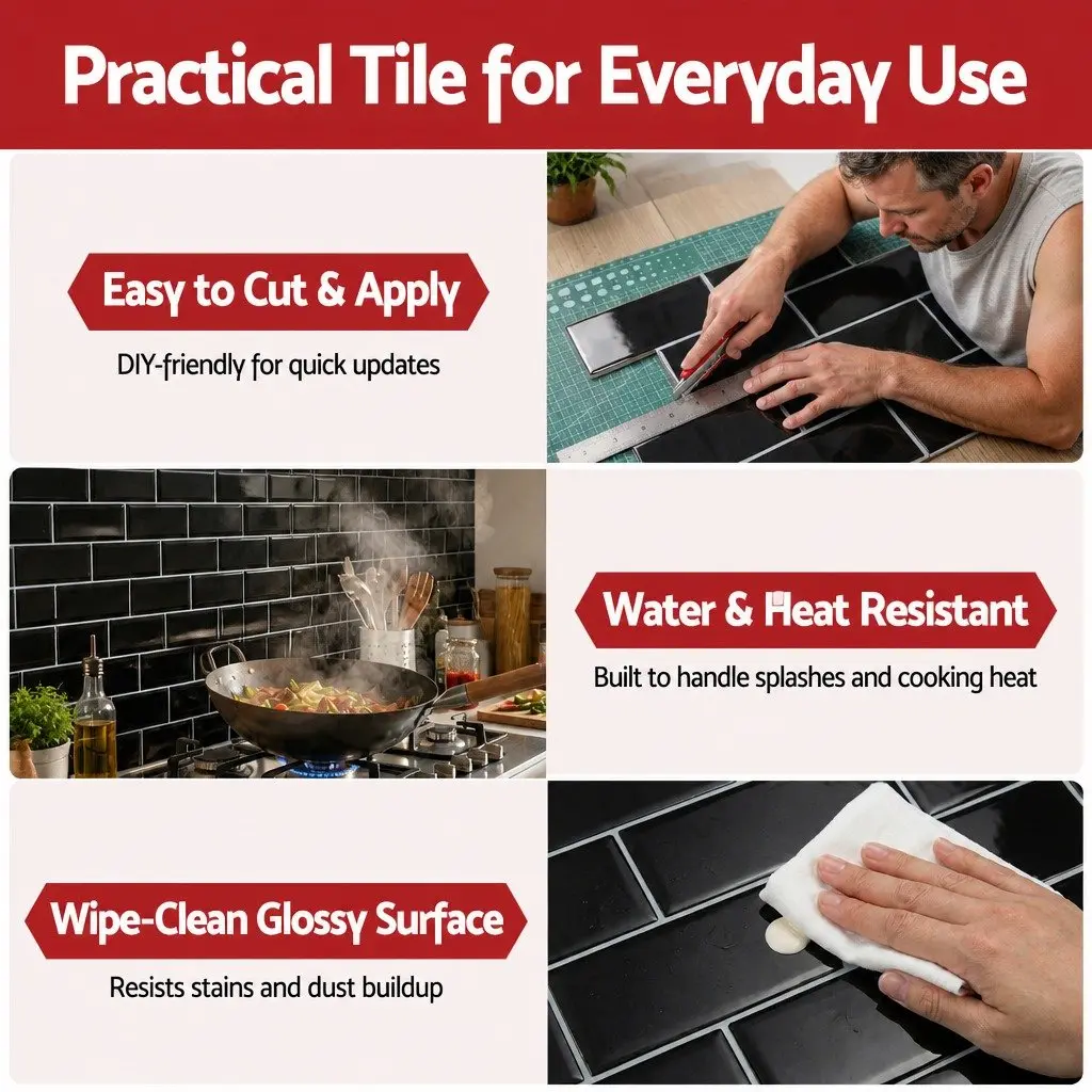 3D Peel and Stick Subway Tiles Vinyl 32 x 27 cm Black 10 Sheets