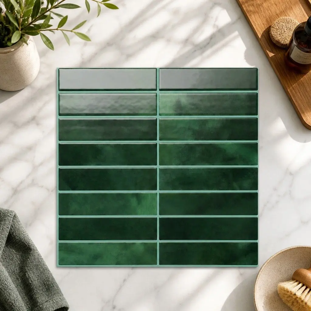 3D Peel and Stick Wall Tiles Vinyl 30.5 x 30.5 cm Green LinearGrid Subway Backsplash