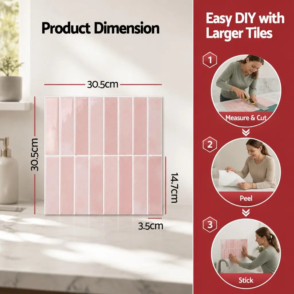 3D Peel and Stick Wall Tiles Pink LinearGrid Subway Backsplash Self Adhesive 10