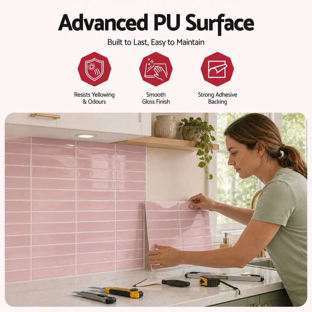 3D Peel and Stick Wall Tiles Pink LinearGrid Subway Backsplash Self Adhesive 10