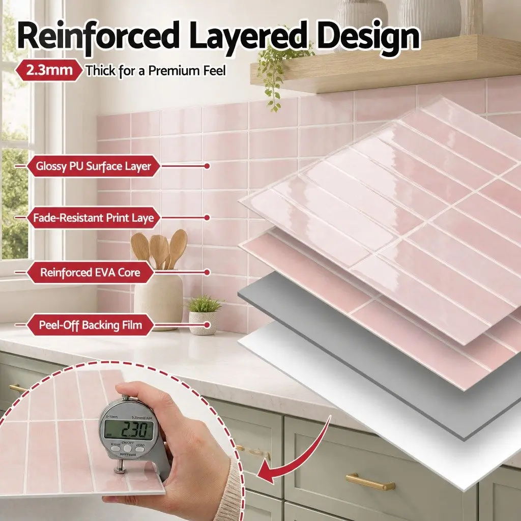 3D Peel and Stick Wall Tiles Pink LinearGrid Subway Backsplash Self Adhesive 10