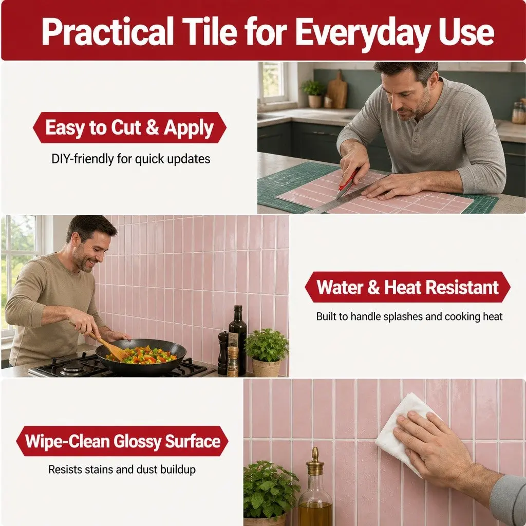 3D Peel and Stick Wall Tiles Pink LinearGrid Subway Backsplash Self Adhesive 10