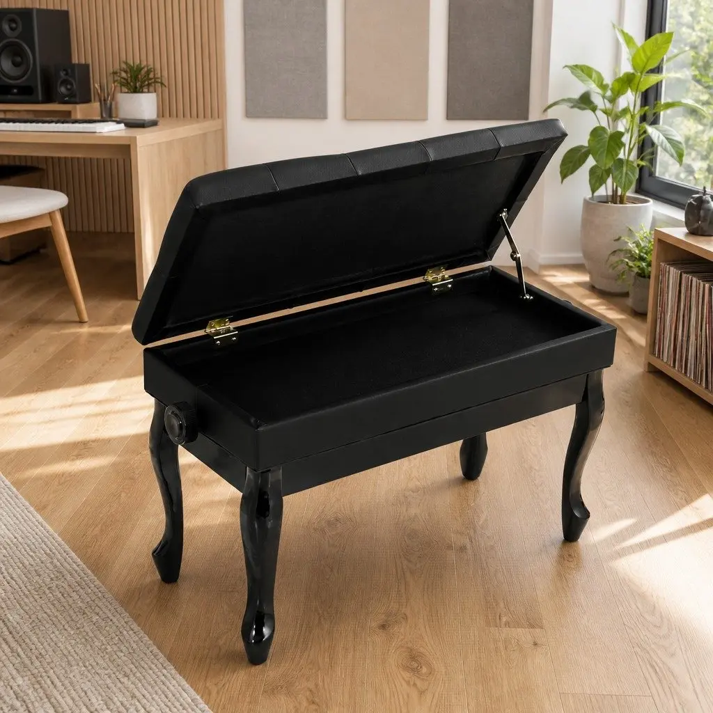 Piano Bench Stool Adjustable Height PU Leather Oak Wood Black