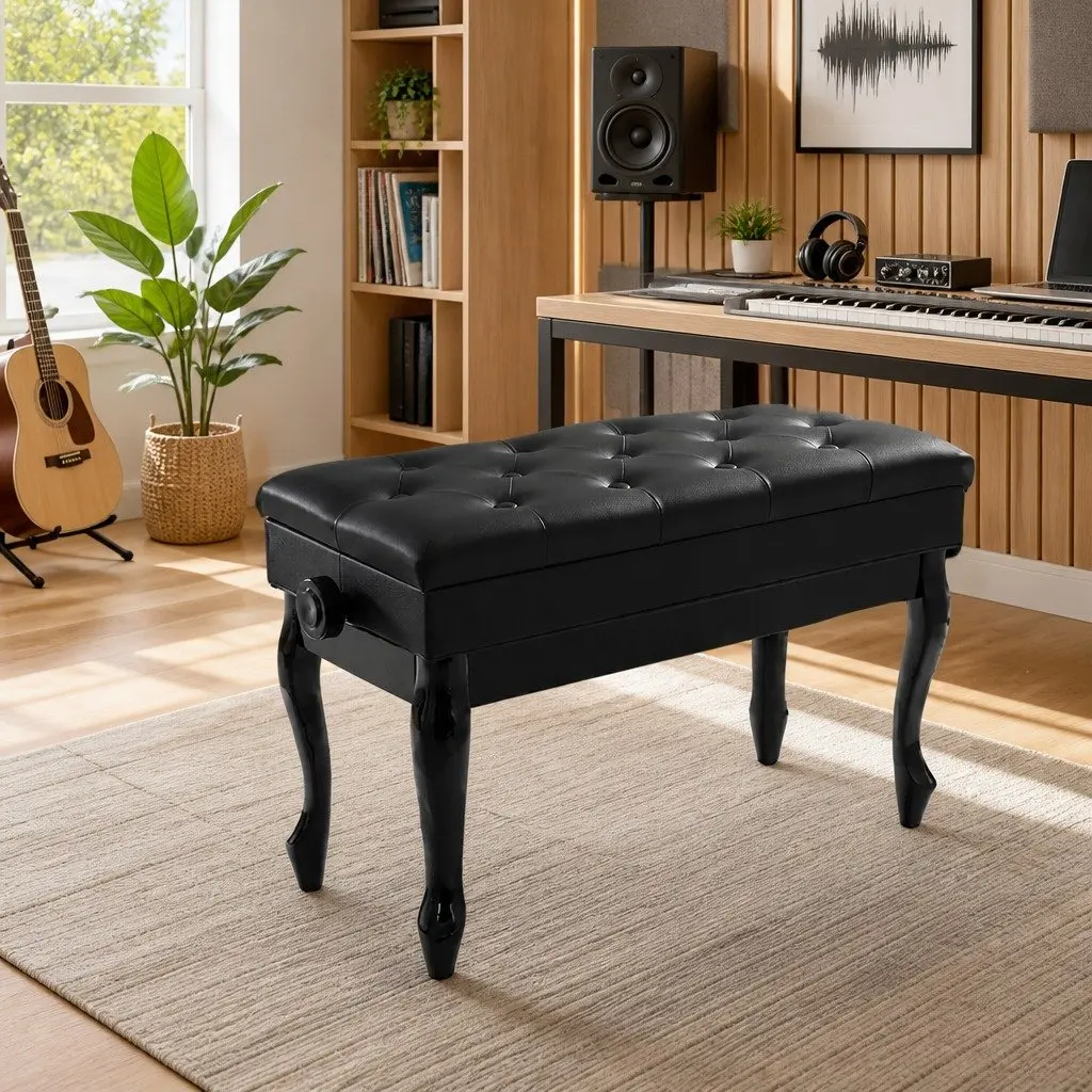 Piano Bench Stool Adjustable Height PU Leather Oak Wood Black