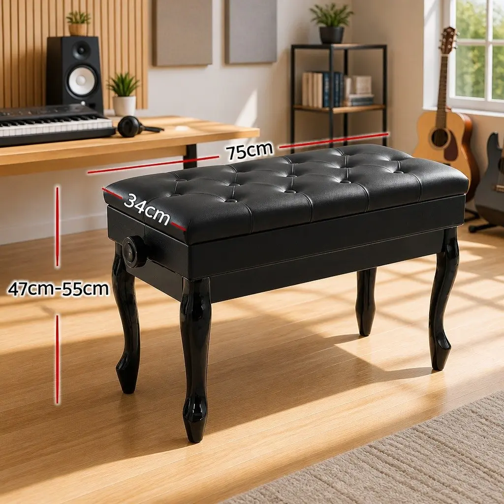 Piano Bench Stool Adjustable Height PU Leather Oak Wood Black
