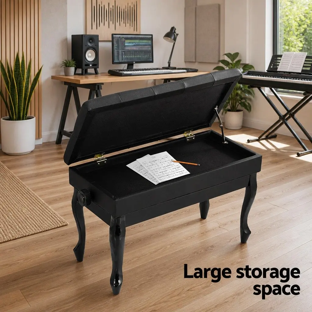 Piano Bench Stool Adjustable Height PU Leather Oak Wood Black