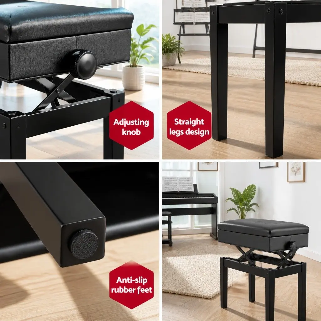 Adjustable Piano Bench Wooden Keyboard Seat Padded Black with Storage