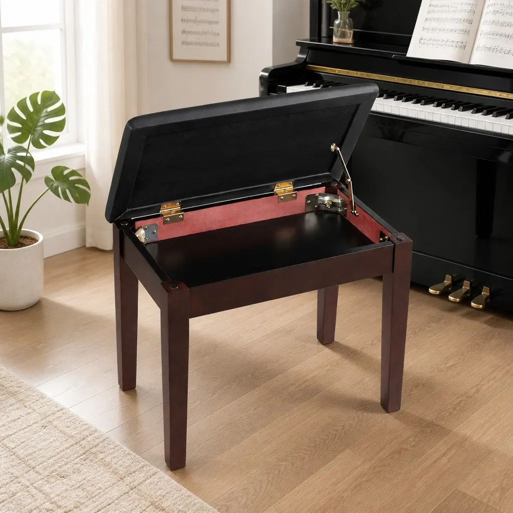 Piano Bench Stool Brown PU Leather Cushion Solid Wood Frame Storage 55x34x50cm