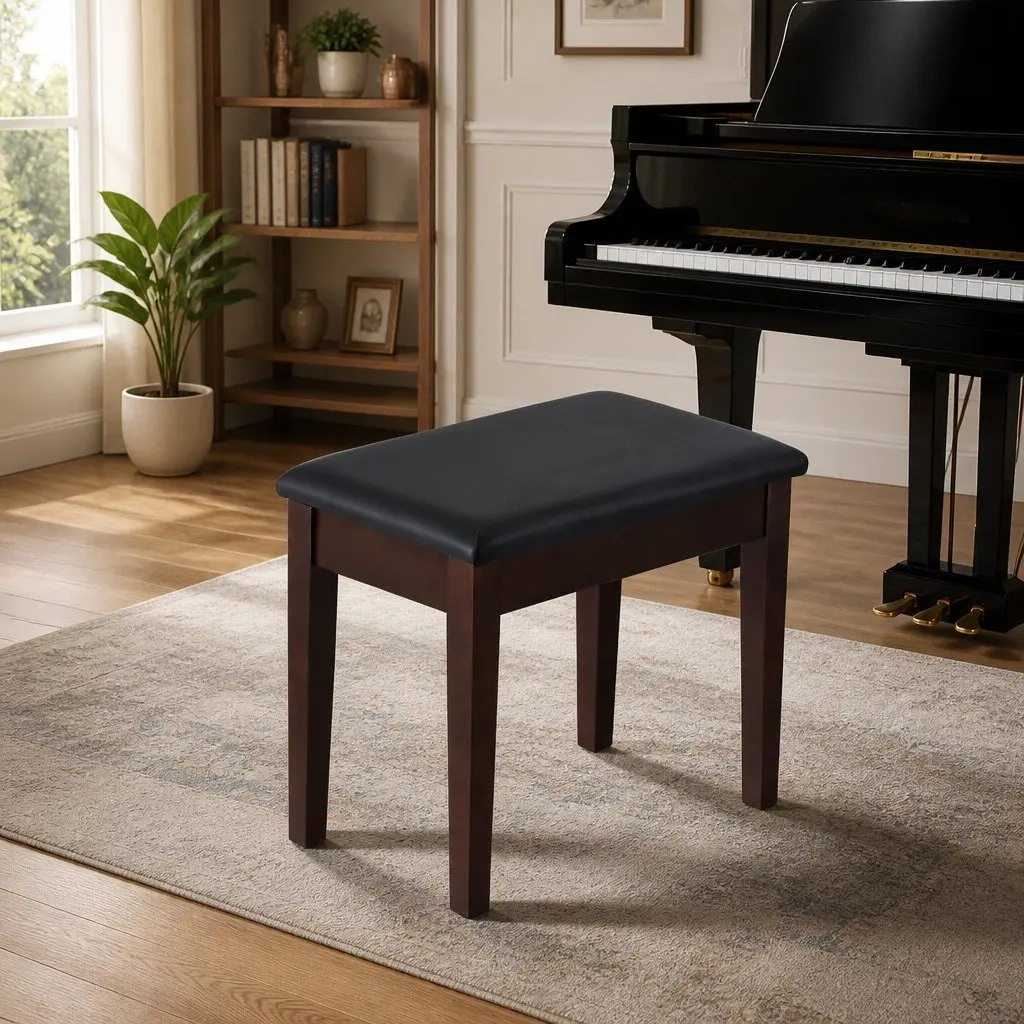 Piano Bench Stool Brown PU Leather Cushion Solid Wood Frame Storage 55x34x50cm