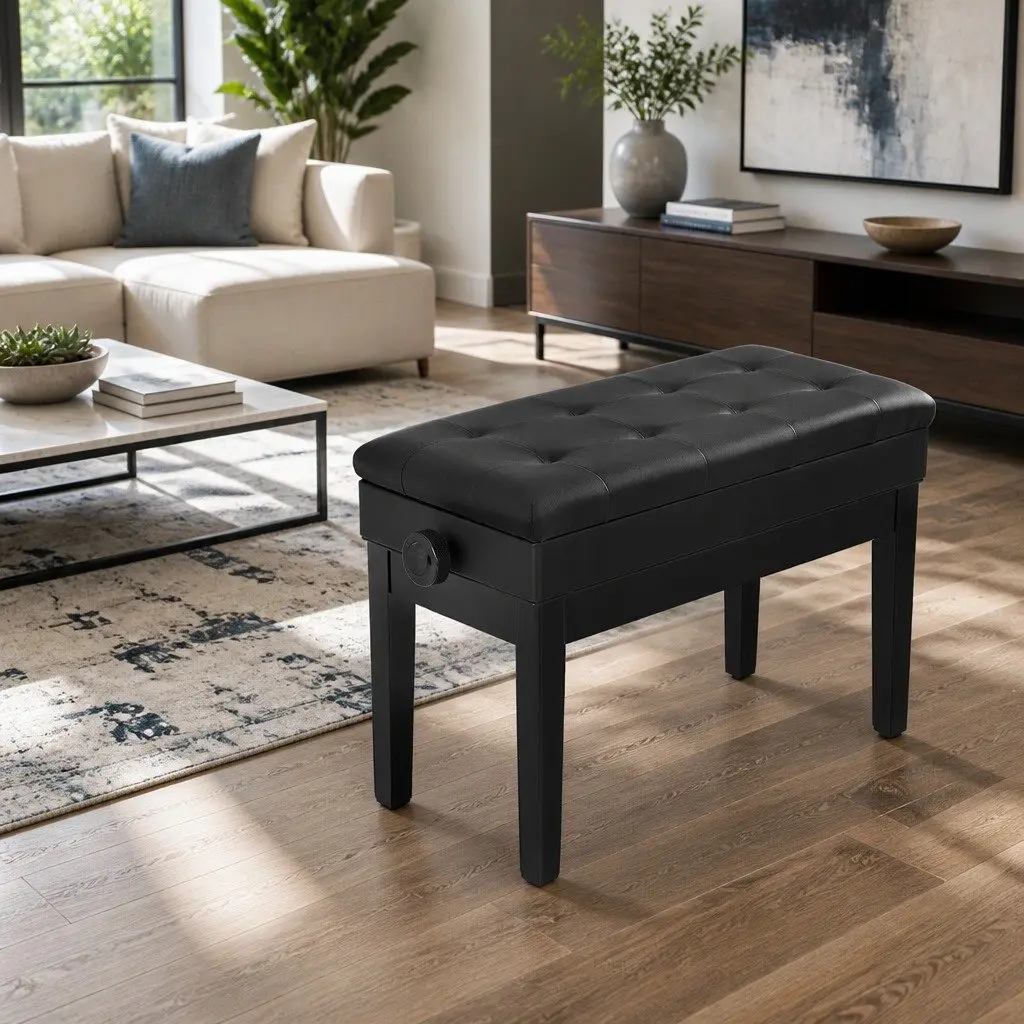 Piano Bench Adjustable Height Storage Black PU Leather Sponge Padding Oak Wood Metal